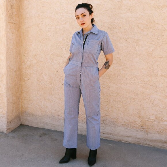 Nooworks Railroad Stripe Cotton Poplin Coveralls Short Sleeve Jumpsuit Size XL - Picture 1 of 8